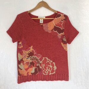 VTG Susan Bristol Red Floral Knit Short Sleeve Sweater Womens Hand Embroidered L